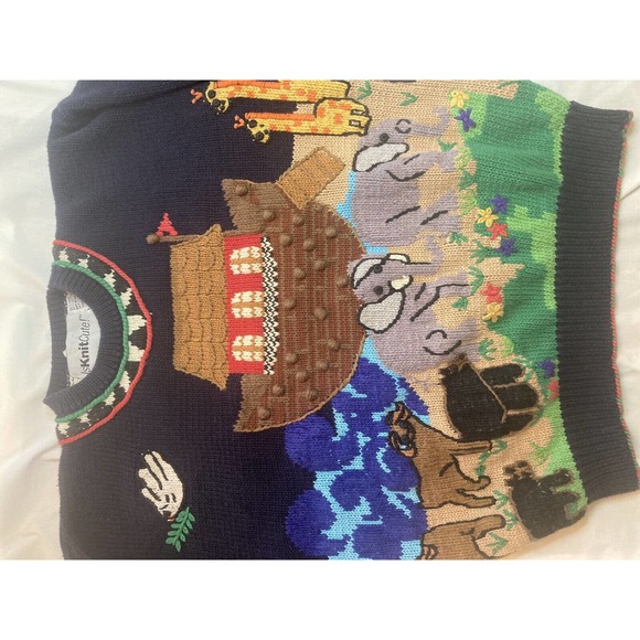 Vintage Early 90s IsKnitCute! Hand Knit Noah’s Ark Sweater. Size 2 = Large - Picture 5 of 12